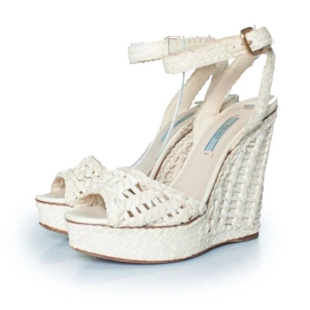 Prada Cream Woven Platform Wedge Sandals